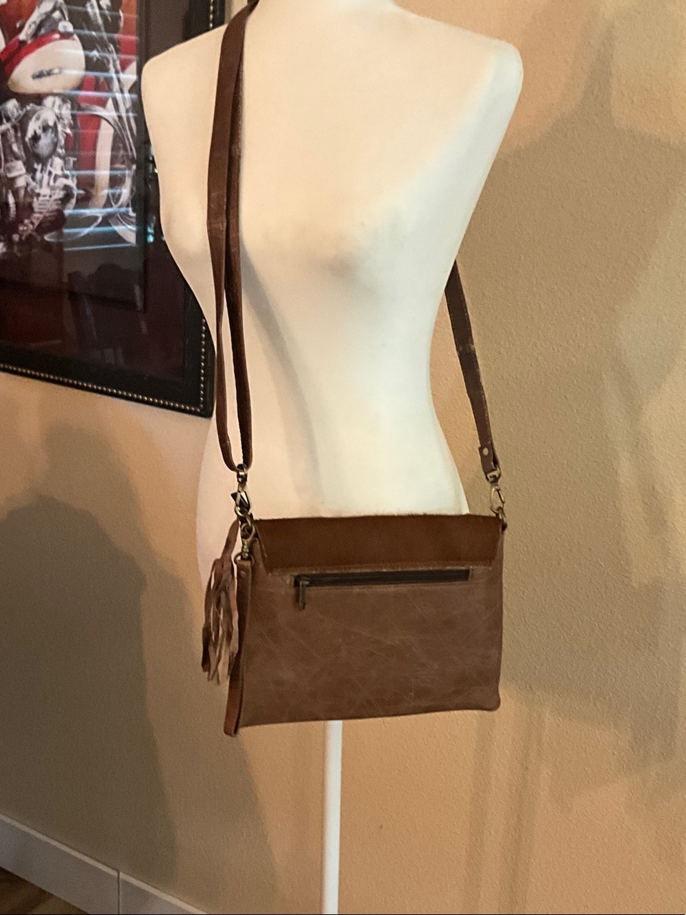 Brown Cowhide Hair on Hide Crossbody Bag with Fringe Accent - Picture 2 of 5